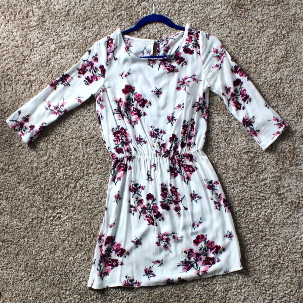 White Dress with Pink Floral Pattern | Floral Dress | Flower Dress | Pink Flower